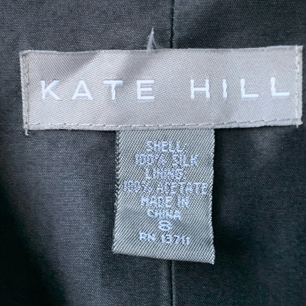 KATE HILL Women’s Black Silk Open Front Jacket Print 3/4 Sleeve Lined